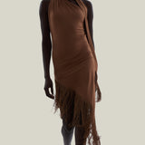 Siwa Dress in Camel - Lycra gathered one shoulder dress with scarf and asymmetrical hem 