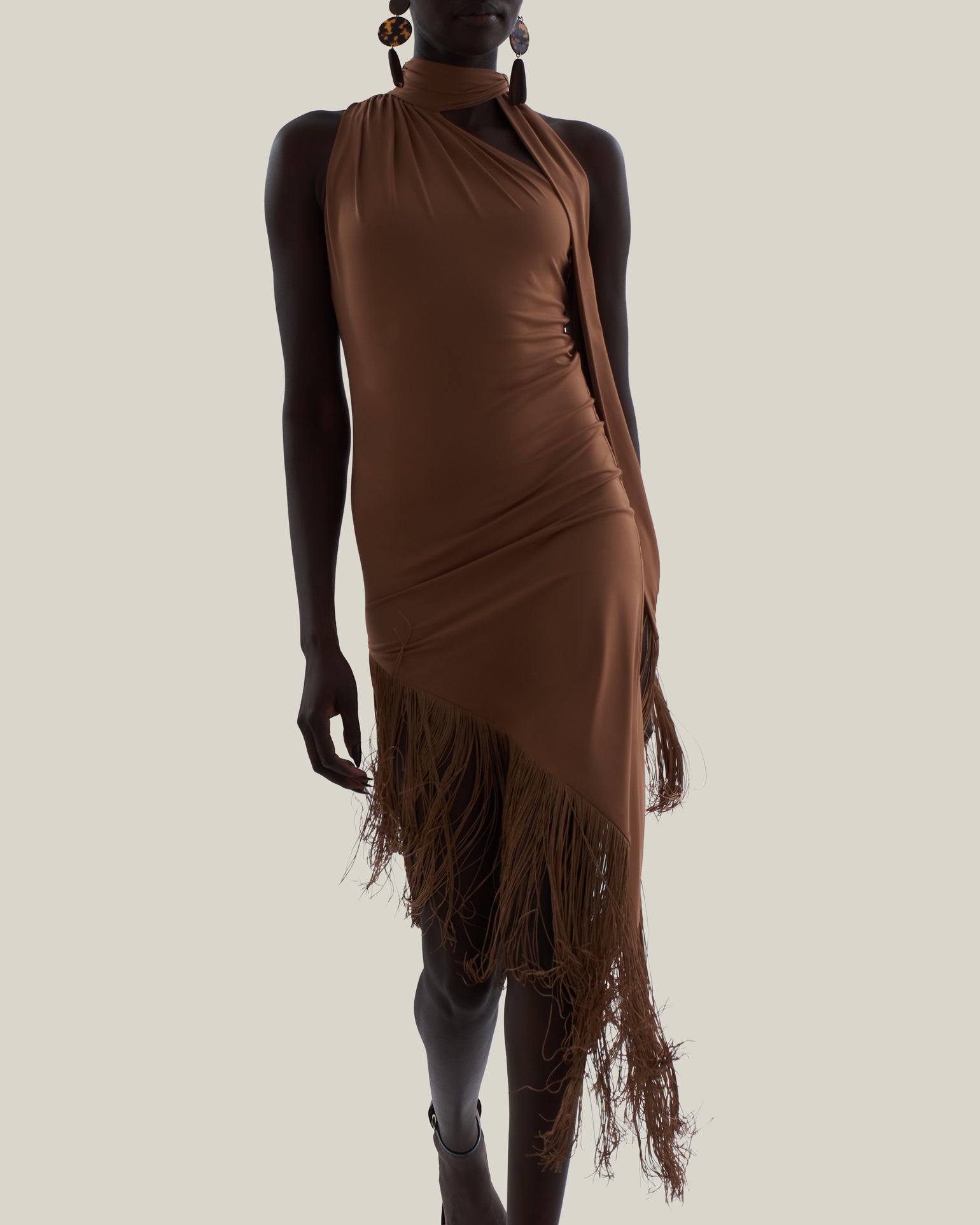 Siwa Dress in Camel - Lycra gathered one shoulder dress with scarf and asymmetrical hem 