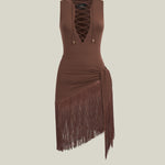 Sahara Swimsuit in Fume - Laced-up plunge neckline swimsuit and dettached fringed-trimmed mini pareo set