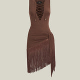 Sahara Swimsuit in Fume - Laced-up plunge neckline swimsuit and dettached fringed-trimmed mini pareo set