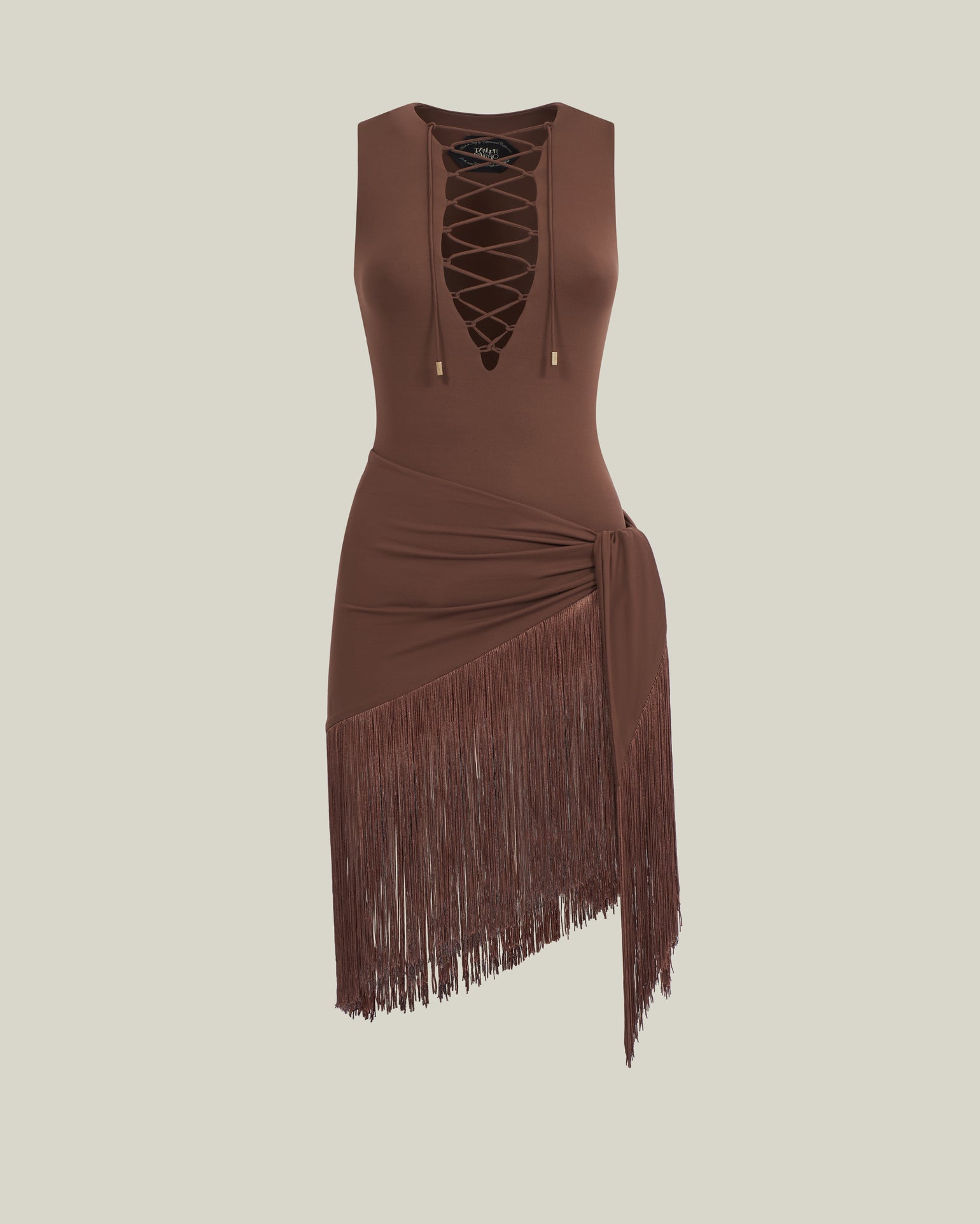 Sahara Swimsuit in Fume - Laced-up plunge neckline swimsuit and dettached fringed-trimmed mini pareo set