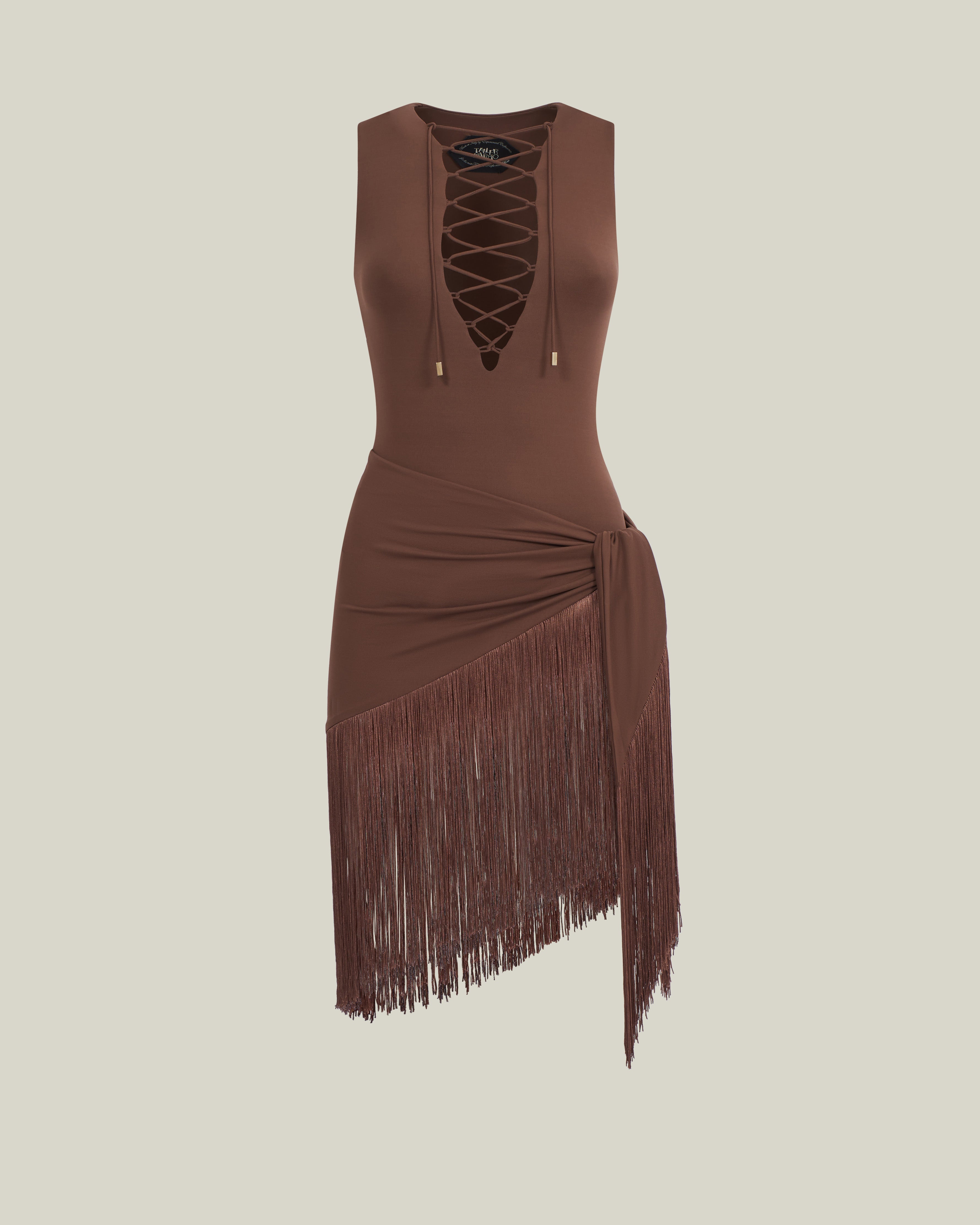 Sahara Swimsuit in Fume - Laced-up plunge neckline swimsuit and dettached fringed-trimmed mini pareo set