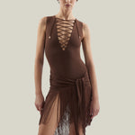 Sahara Swimsuit in Fume - Laced-up plunge neckline swimsuit and dettached fringed-trimmed mini pareo set