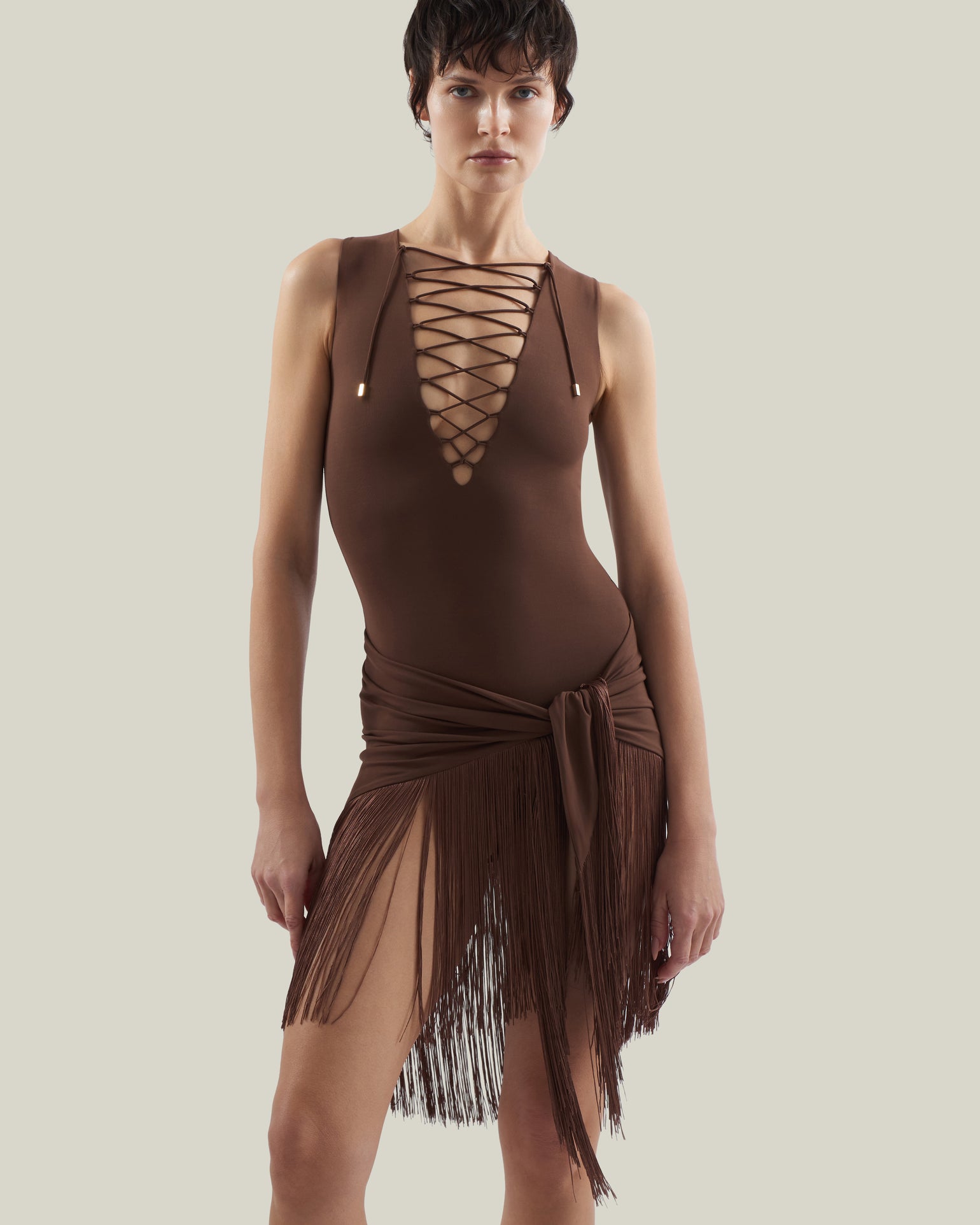 Sahara Swimsuit in Fume - Laced-up plunge neckline swimsuit and dettached fringed-trimmed mini pareo set