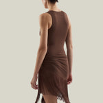 Sahara Swimsuit in Fume - Laced-up plunge neckline swimsuit and dettached fringed-trimmed mini pareo set