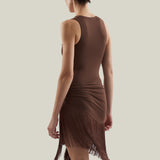 Sahara Swimsuit in Fume - Laced-up plunge neckline swimsuit and dettached fringed-trimmed mini pareo set