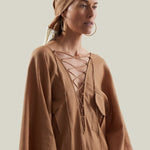 Bonny Headscarf in Camel-Ivory - Linen fringed headscarf