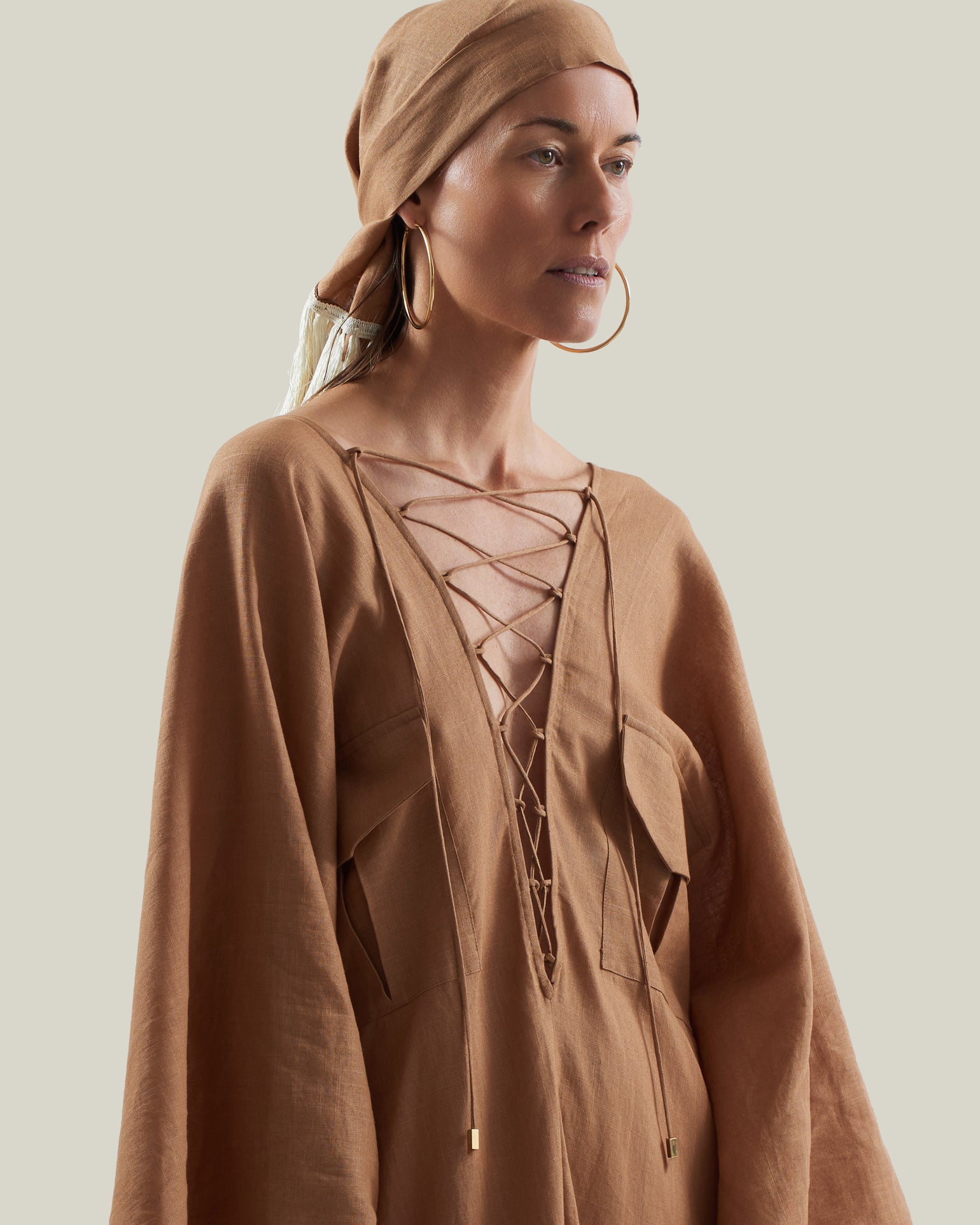 Bonny Headscarf in Camel-Ivory - Linen fringed headscarf