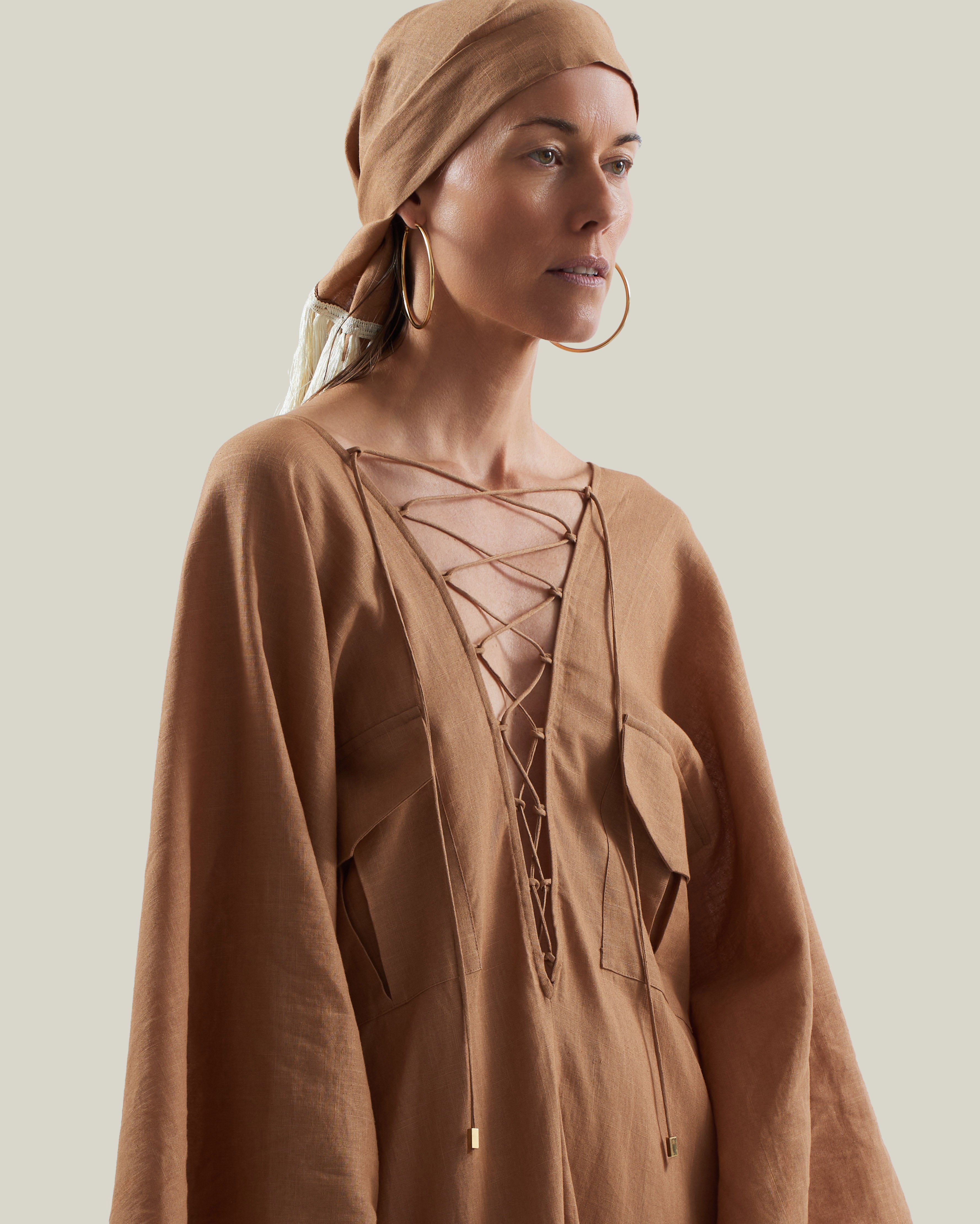 Bonny Headscarf in Camel-Ivory - Linen fringed headscarf