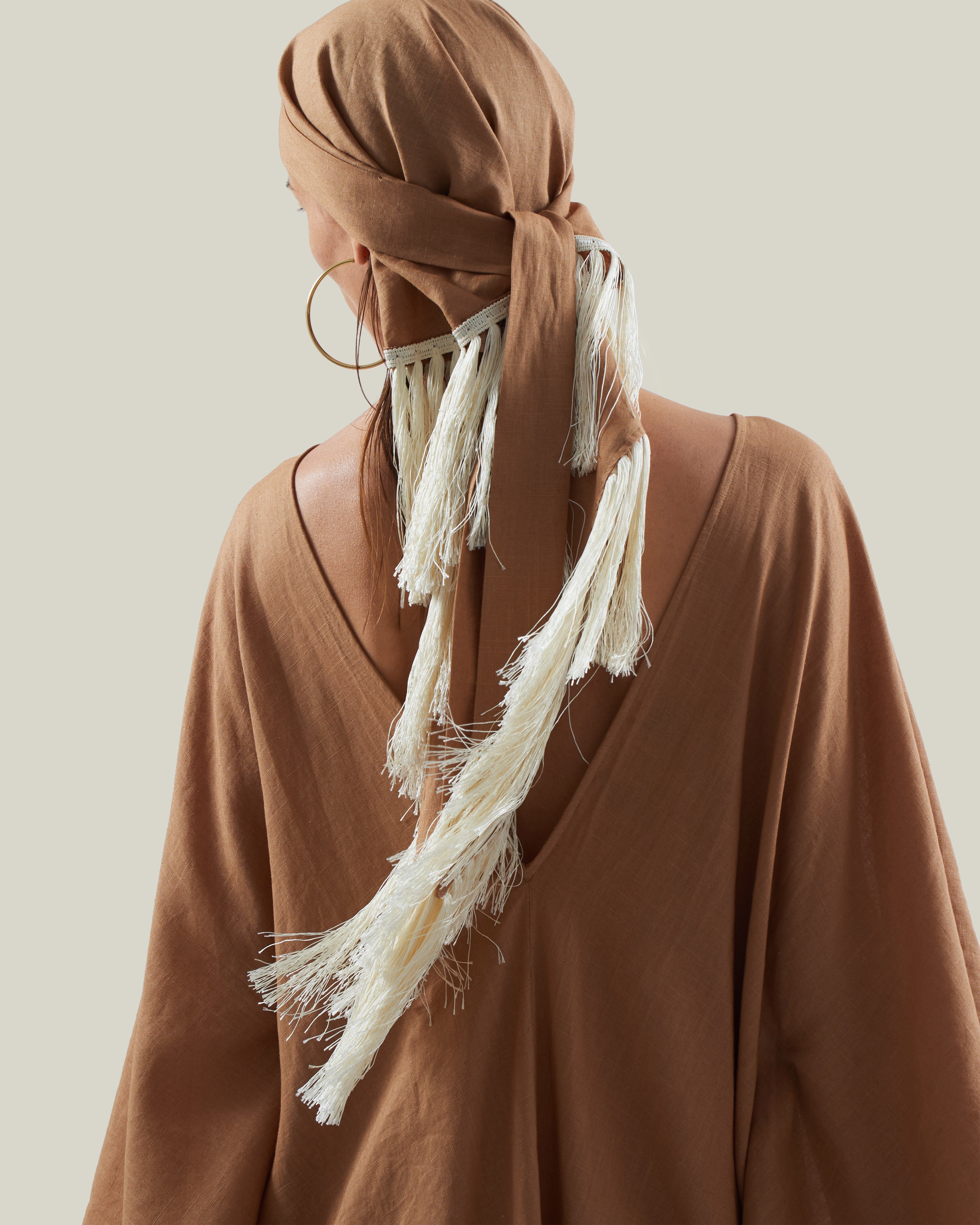 Bonny Headscarf in Camel-Ivory - Linen fringed headscarf
