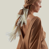 Bonny Headscarf in Camel-Ivory - Linen fringed headscarf