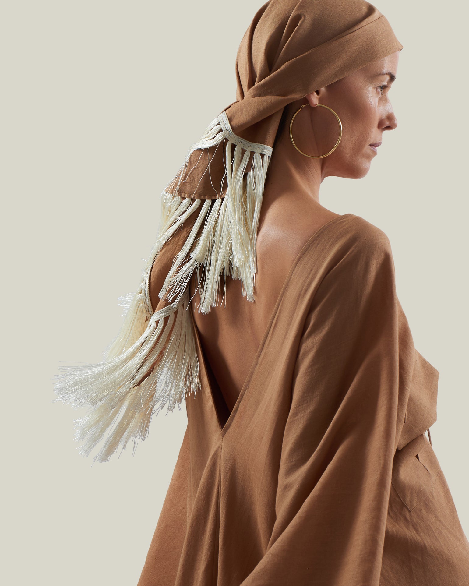 Bonny Headscarf in Camel-Ivory - Linen fringed headscarf