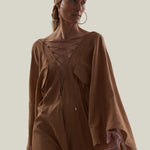 Bonny Headscarf in Camel-Ivory - Linen fringed headscarf