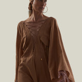 Bonny Headscarf in Camel-Ivory - Linen fringed headscarf