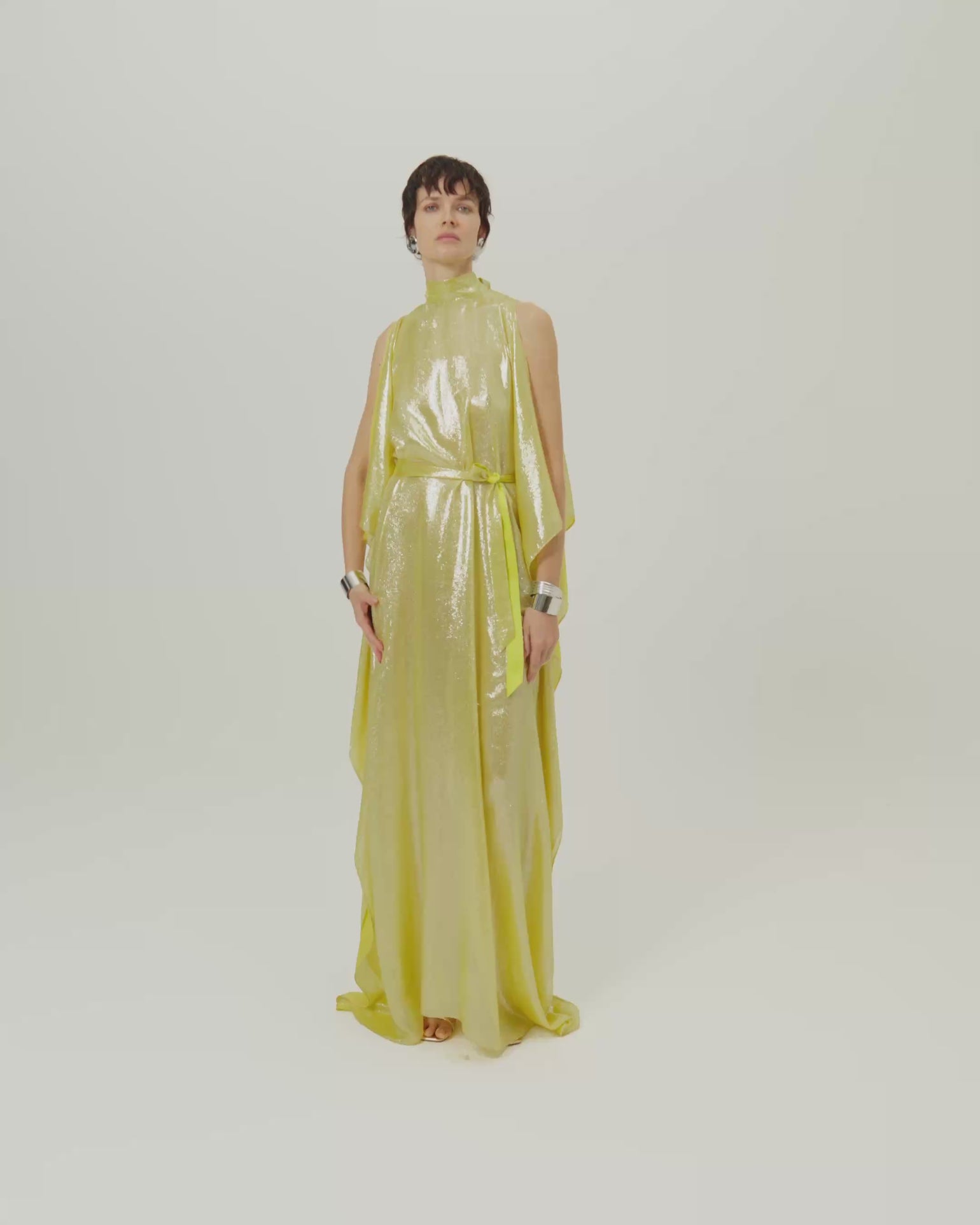 Nevada Kaftan in Acid Yellow - Lightweight lamè kaftan with open sleeve and high neck