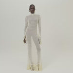 New Mexico Dress in Ivory - Knit long sleeved high neck fringed maxi dress