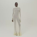 New Mexico Dress in Ivory - Knit long sleeved high neck fringed maxi dress