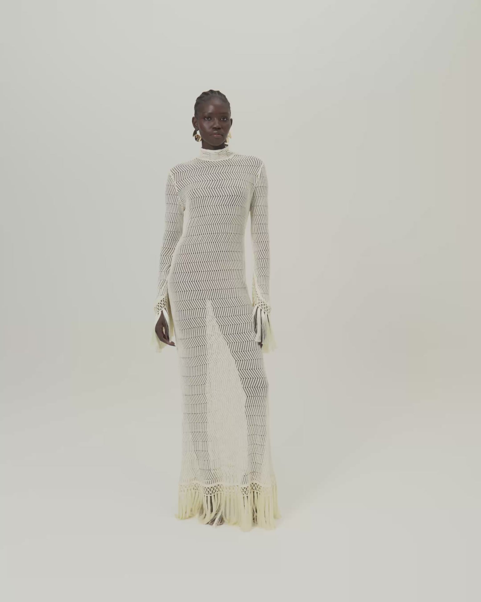 New Mexico Dress in Ivory - Knit long sleeved high neck fringed maxi dress