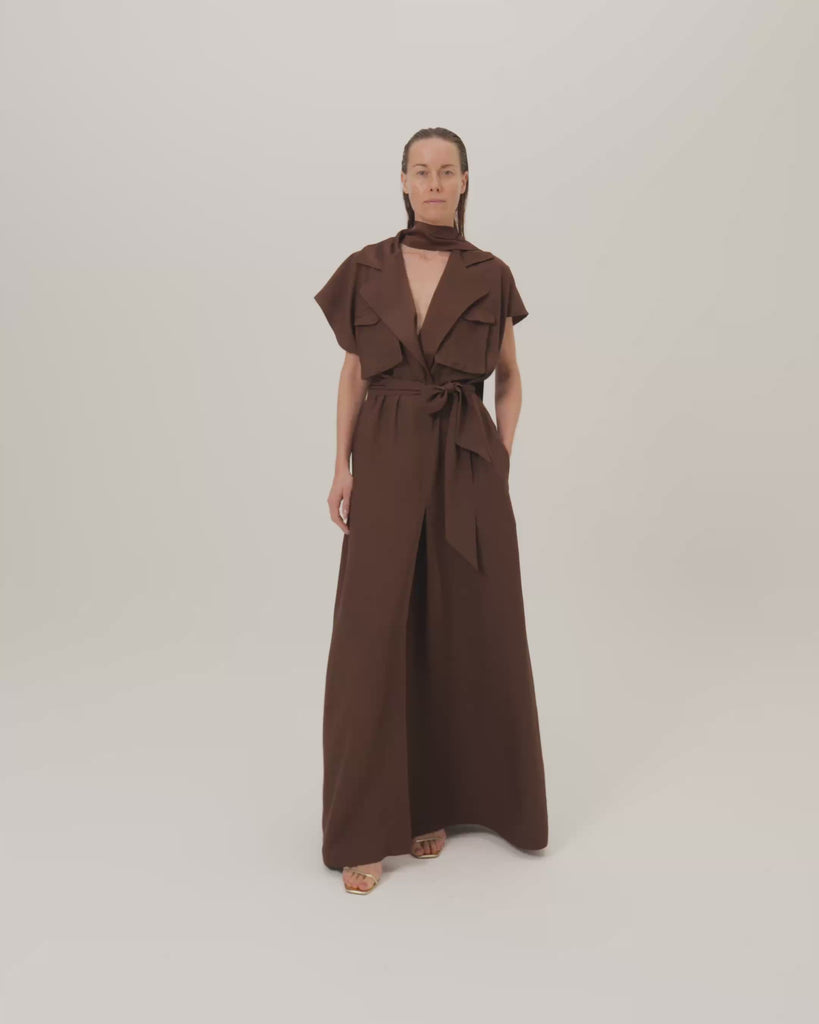 Serengeti Dress in Cocoa - Crepe cady sleeveless trench coat-inspired dress