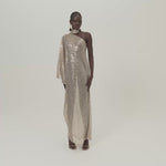 Ubud Disco Dress in White Sand - Sequined net one shoulder dress with scarf