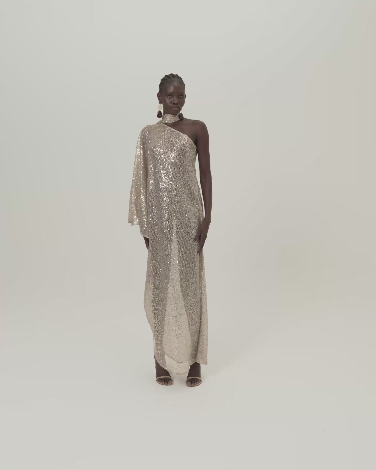 Ubud Disco Dress in White Sand - Sequined net one shoulder dress with scarf