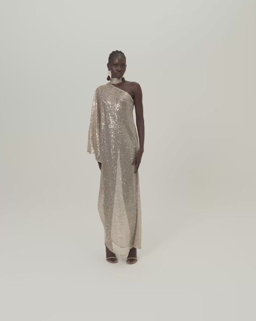 Ubud Disco Dress in White Sand - Sequined net one shoulder dress with scarf