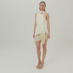 Siwa Swimsuit in Ivory - Gathered one shoulder swimsuit with scarf and dettached hand-tied fringe-trimmed mini pareo set