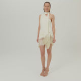 Siwa Swimsuit in Ivory - Gathered one shoulder swimsuit with scarf and dettached hand-tied fringe-trimmed mini pareo set