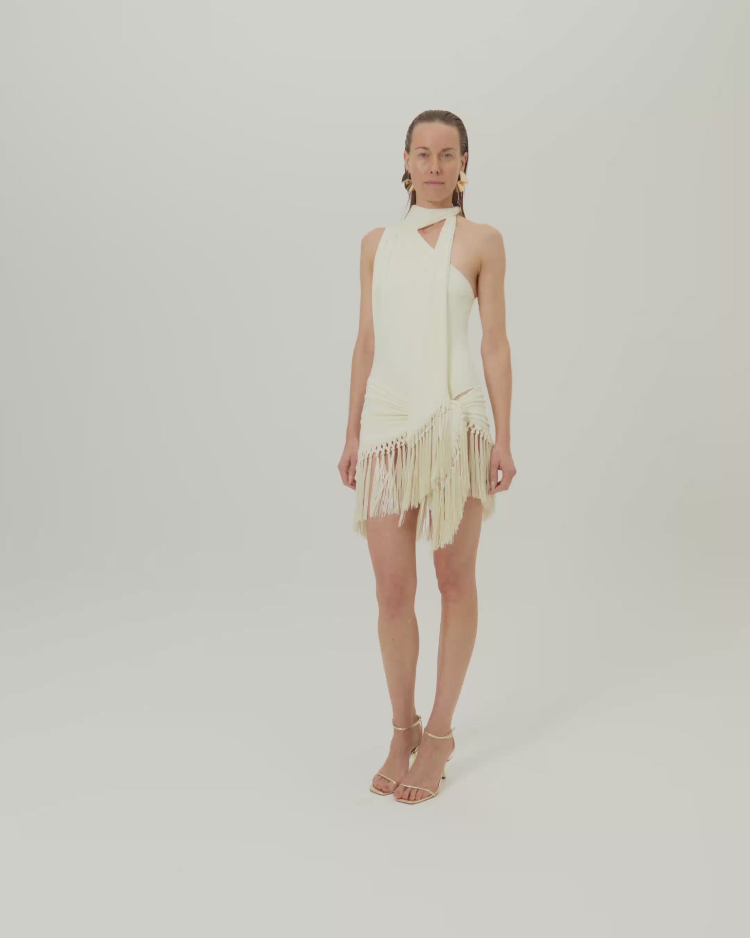 Siwa Swimsuit in Ivory - Gathered one shoulder swimsuit with scarf and dettached hand-tied fringe-trimmed mini pareo set