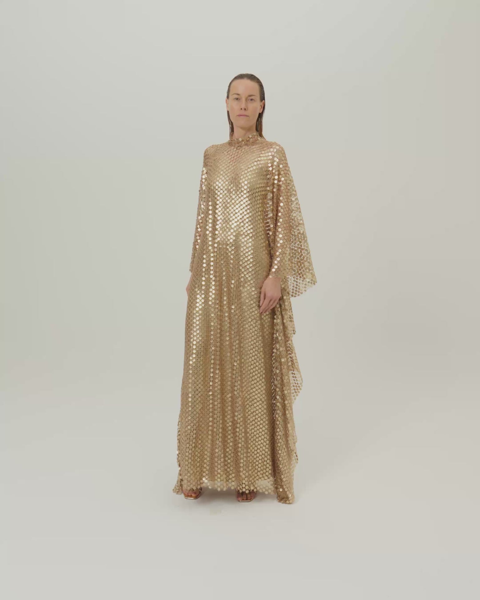 Deserto Kaftan in Brass - High neck matte sequined net kaftan with dettached stretch cady slip dress