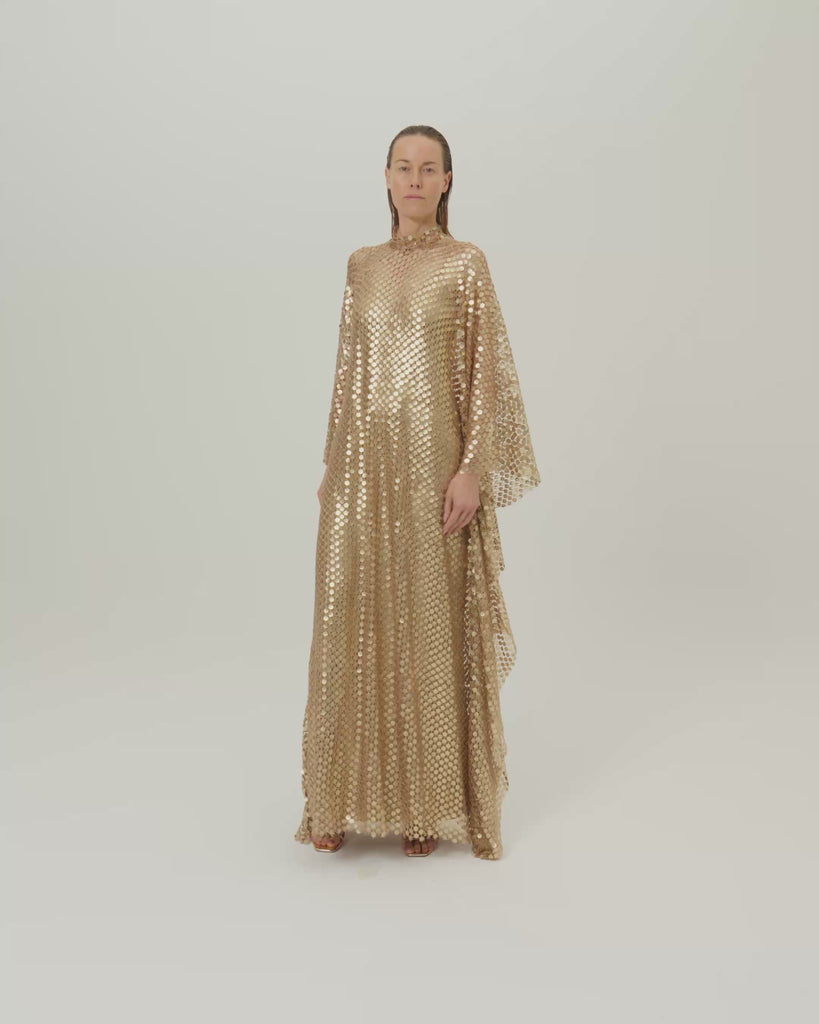 Deserto Kaftan in Brass - High neck matte sequined net kaftan with dettached stretch cady slip dress