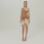 Yacare Swimsuit in Camel-Ivory - One shoulder swimsuit and dettached hand-tied fringed trimmed mini pareo set