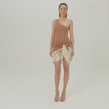 Yacare Swimsuit in Camel-Ivory - One shoulder swimsuit and dettached hand-tied fringed trimmed mini pareo set