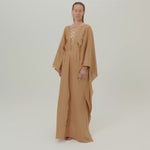 Mojave Linen Kaftan in Camel - Linen laced-up neckline belted kaftan with pockets