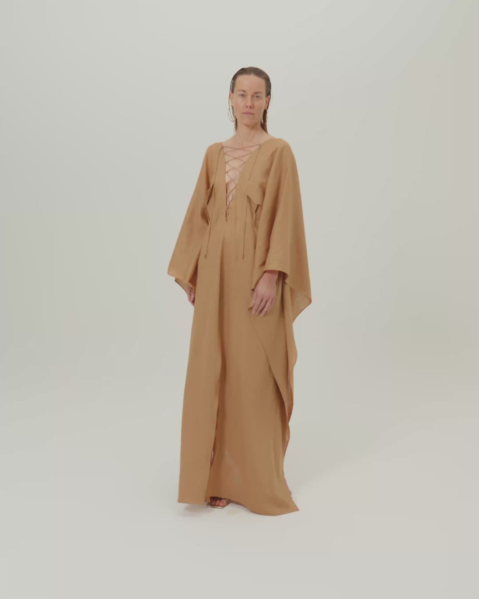 Mojave Linen Kaftan in Camel - Linen laced-up neckline belted kaftan with pockets