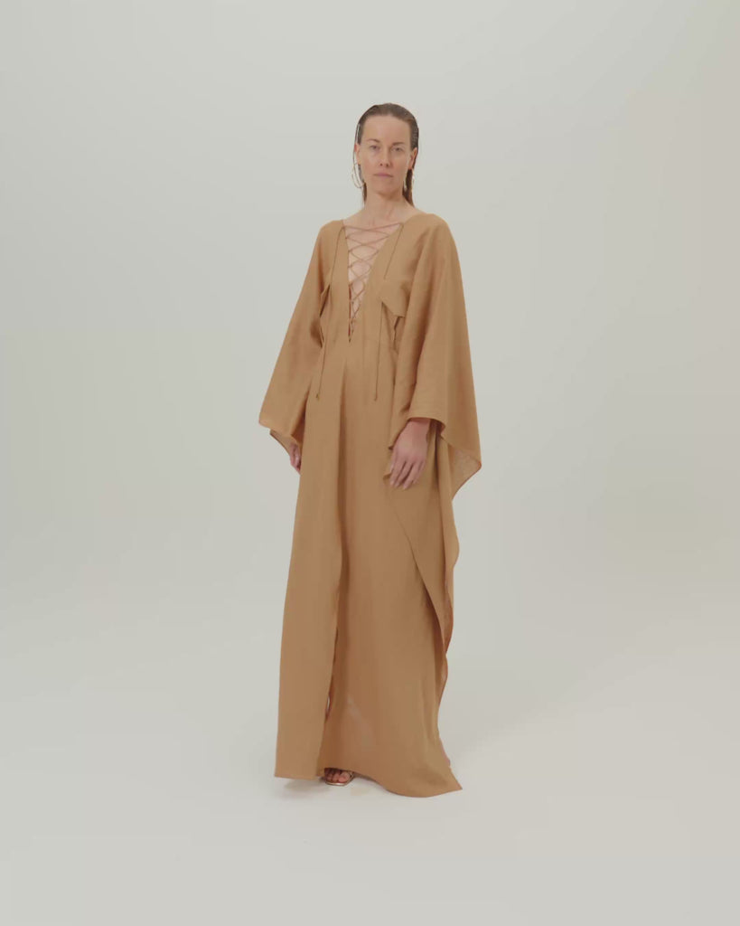 Mojave Linen Kaftan in Camel - Linen laced-up neckline belted kaftan with pockets