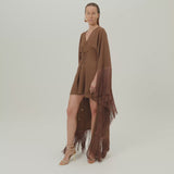 Fringed Mini Sierra Kaftan in Fume - Crepe cady fringed cape-effect short kaftan with laced-up waist