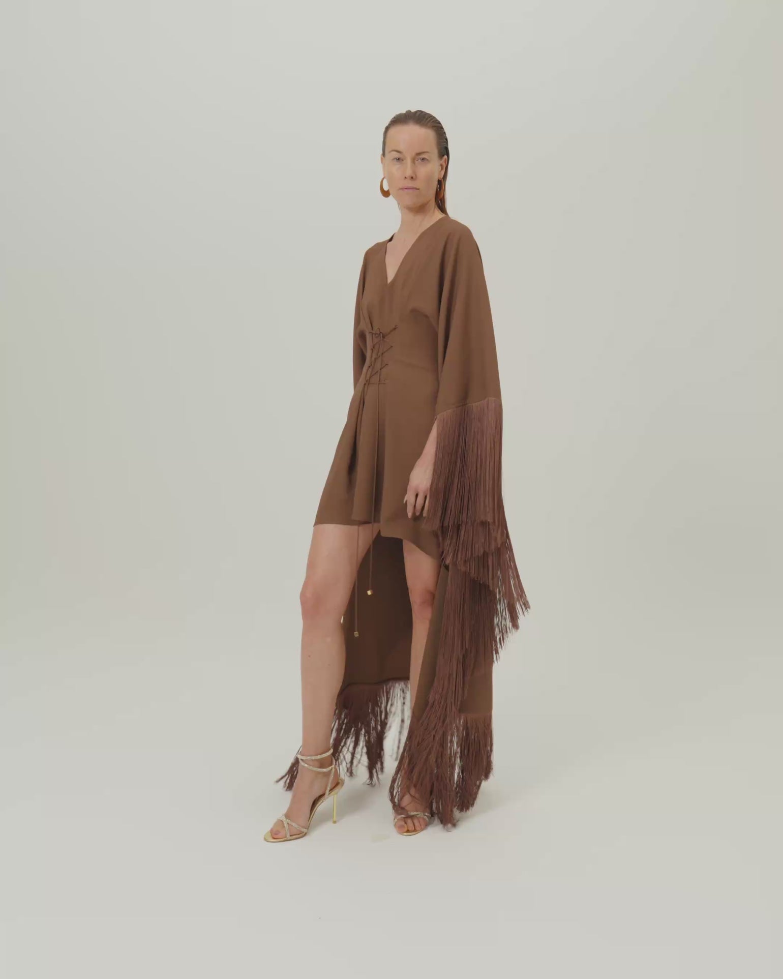 Fringed Mini Sierra Kaftan in Fume - Crepe cady fringed cape-effect short kaftan with laced-up waist