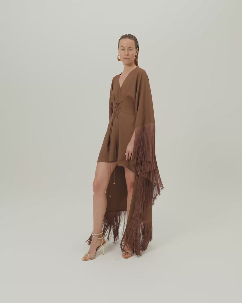 Fringed Mini Sierra Kaftan in Fume - Crepe cady fringed cape-effect short kaftan with laced-up waist