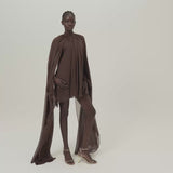 Mini Eterea Dress in Chocolate - Chiffon lurex plumeti halterneck cape-effect short dress