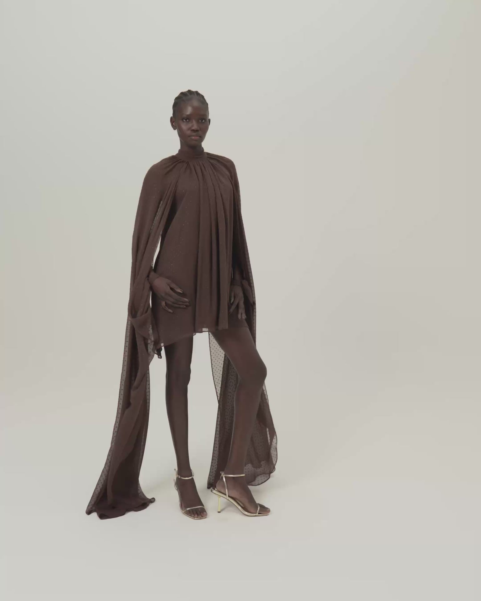 Mini Eterea Dress in Chocolate - Chiffon lurex plumeti halterneck cape-effect short dress