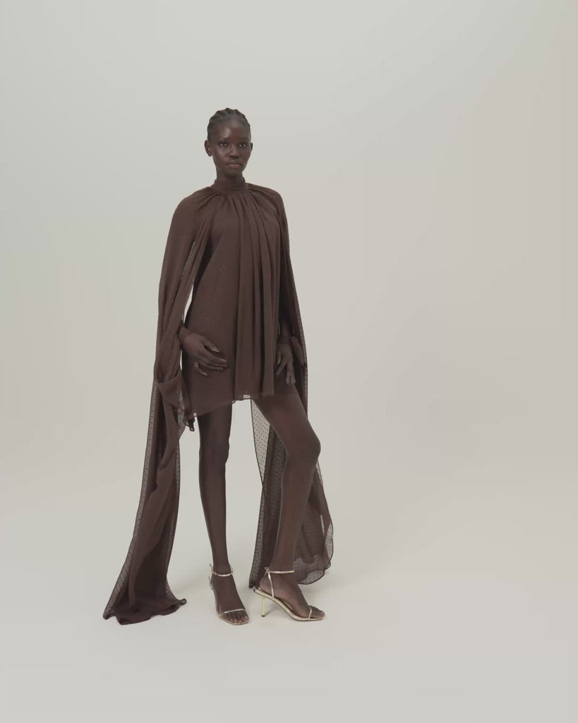 Mini Eterea Dress in Chocolate - Chiffon lurex plumeti halterneck cape-effect short dress