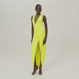 Grand Sahara Swimsuit in Acid Yellow - Laced-up plunge neckline swimsuit and dettached maxi pareo set