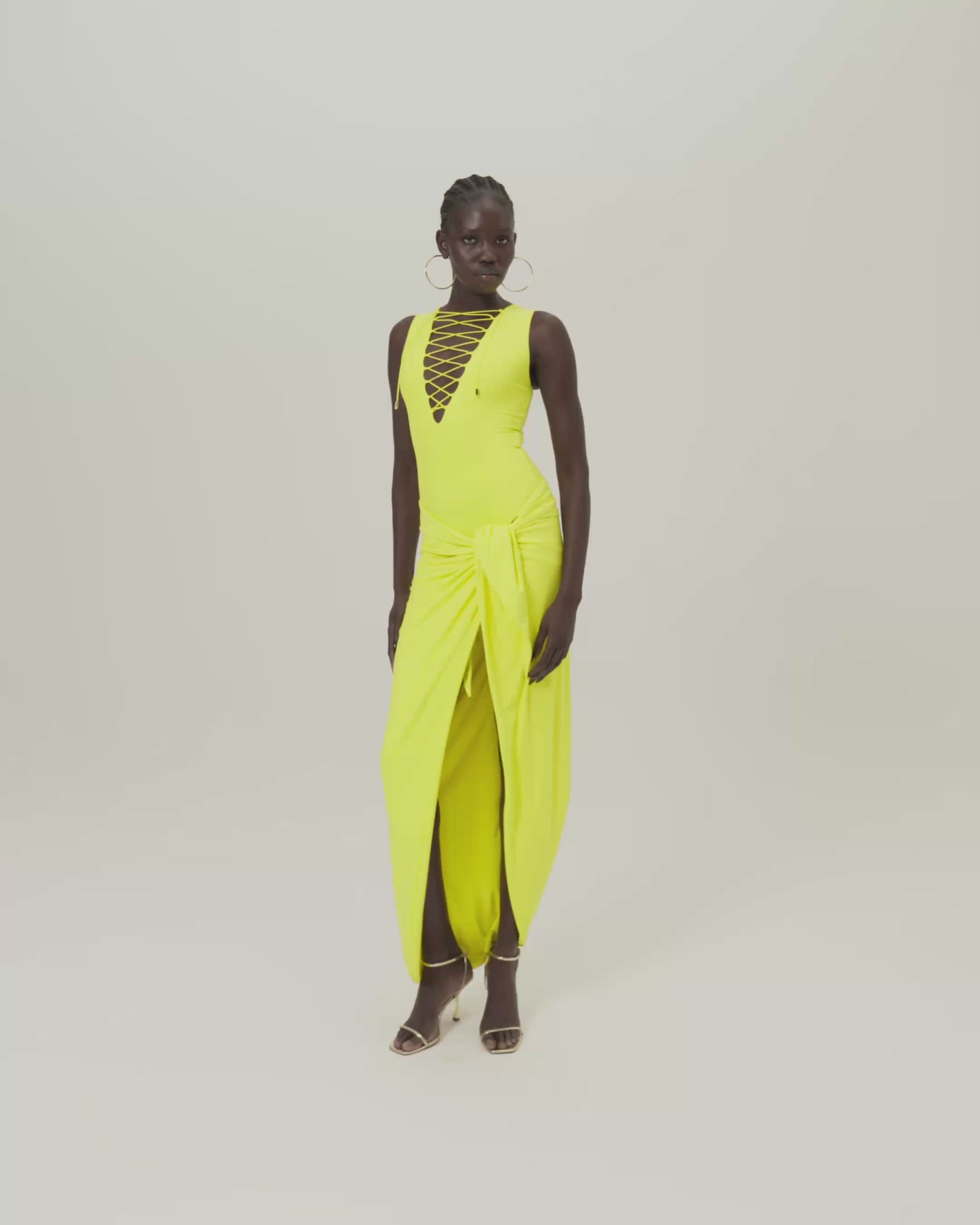 Grand Sahara Swimsuit in Acid Yellow - Laced-up plunge neckline swimsuit and dettached maxi pareo set