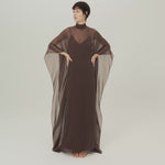 Muscat Kaftan in Chocolate - Chiffon lurex plumeti high-neck kaftan with dettached crepe cady slip dress