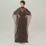 Muscat Kaftan in Chocolate - Chiffon lurex plumeti high-neck kaftan with dettached crepe cady slip dress