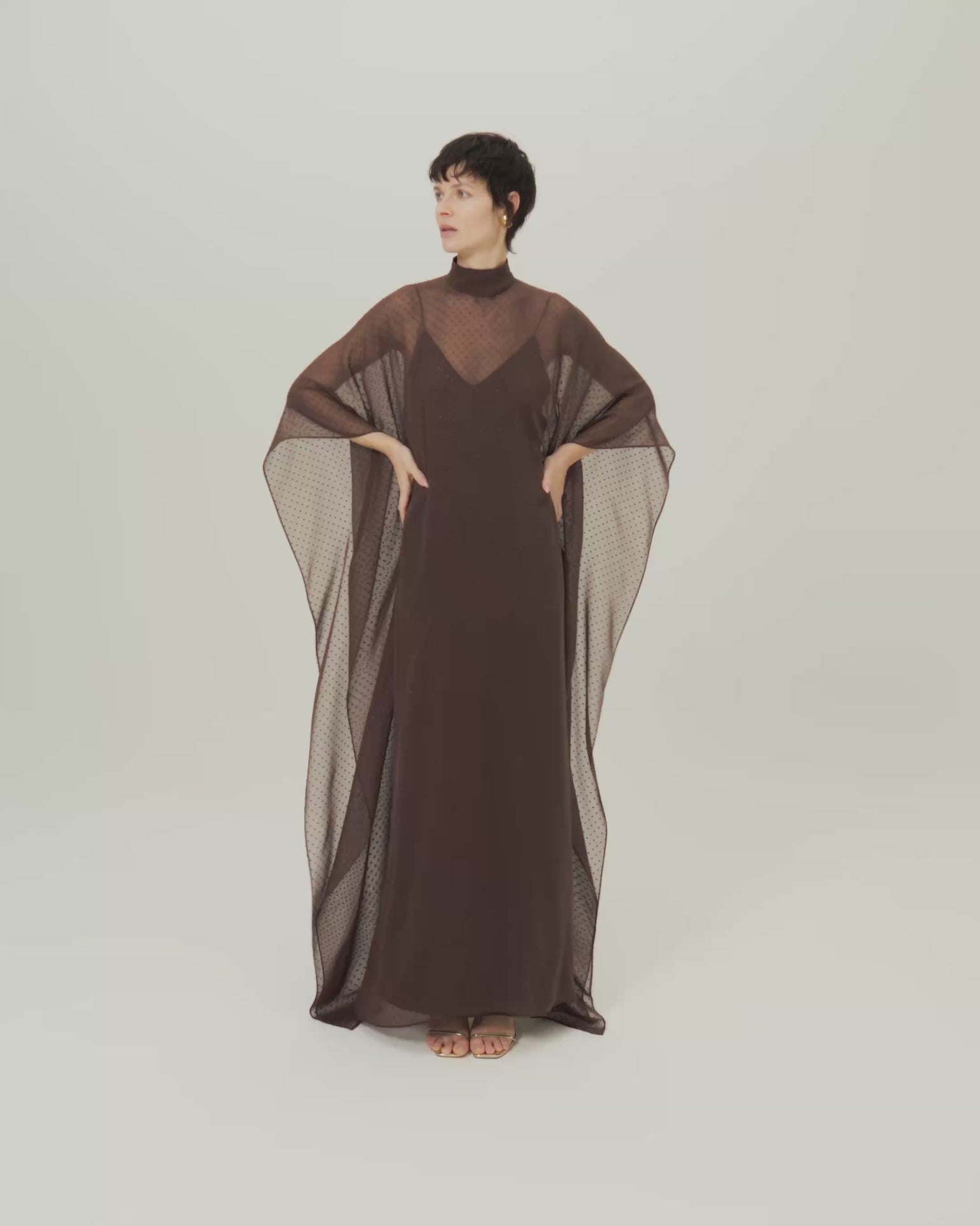 Muscat Kaftan in Chocolate - Chiffon lurex plumeti high-neck kaftan with dettached crepe cady slip dress