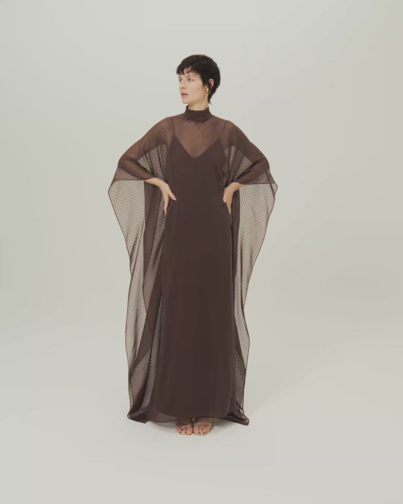 Muscat Kaftan in Chocolate - Chiffon lurex plumeti high-neck kaftan with dettached crepe cady slip dress