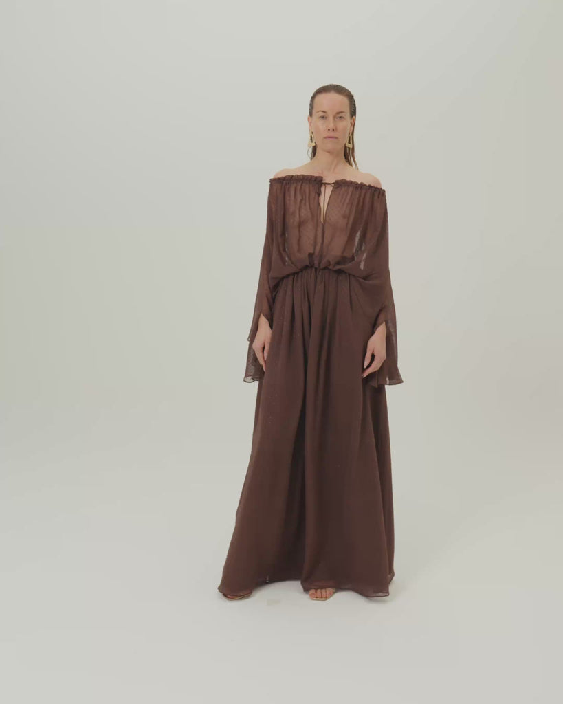 Ouarzazate Dress in Chocolate - Chiffon lurex plumeti off-shoulders maxi dress