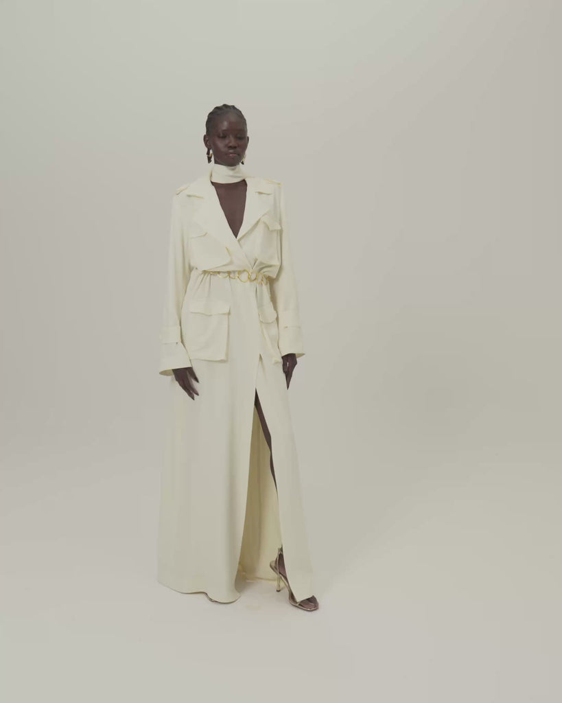 Tarangire Dress in Ivory - Crepe cady trench coat-inspired dress with dettachable chain belt